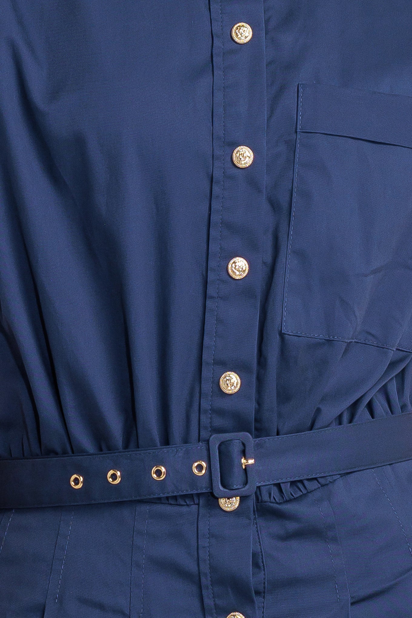 A solid woven midi dress featuring collar, short sleeve, front pocket, button down, self-belt and full skirt