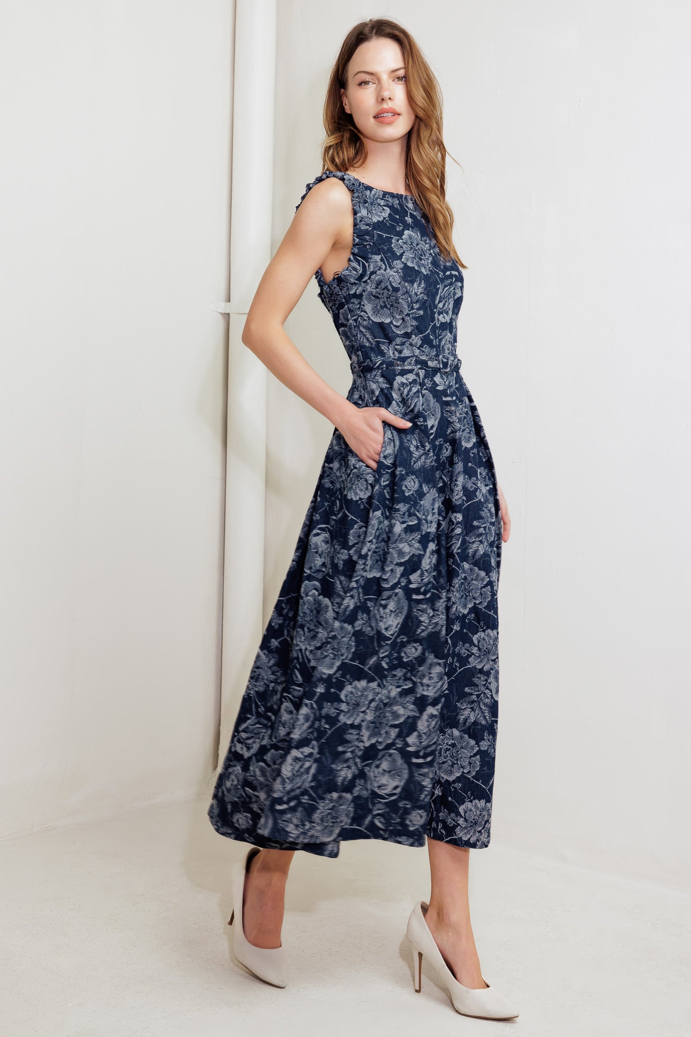 DUSK ROSE WOVEN DENIM MIDI DRESS