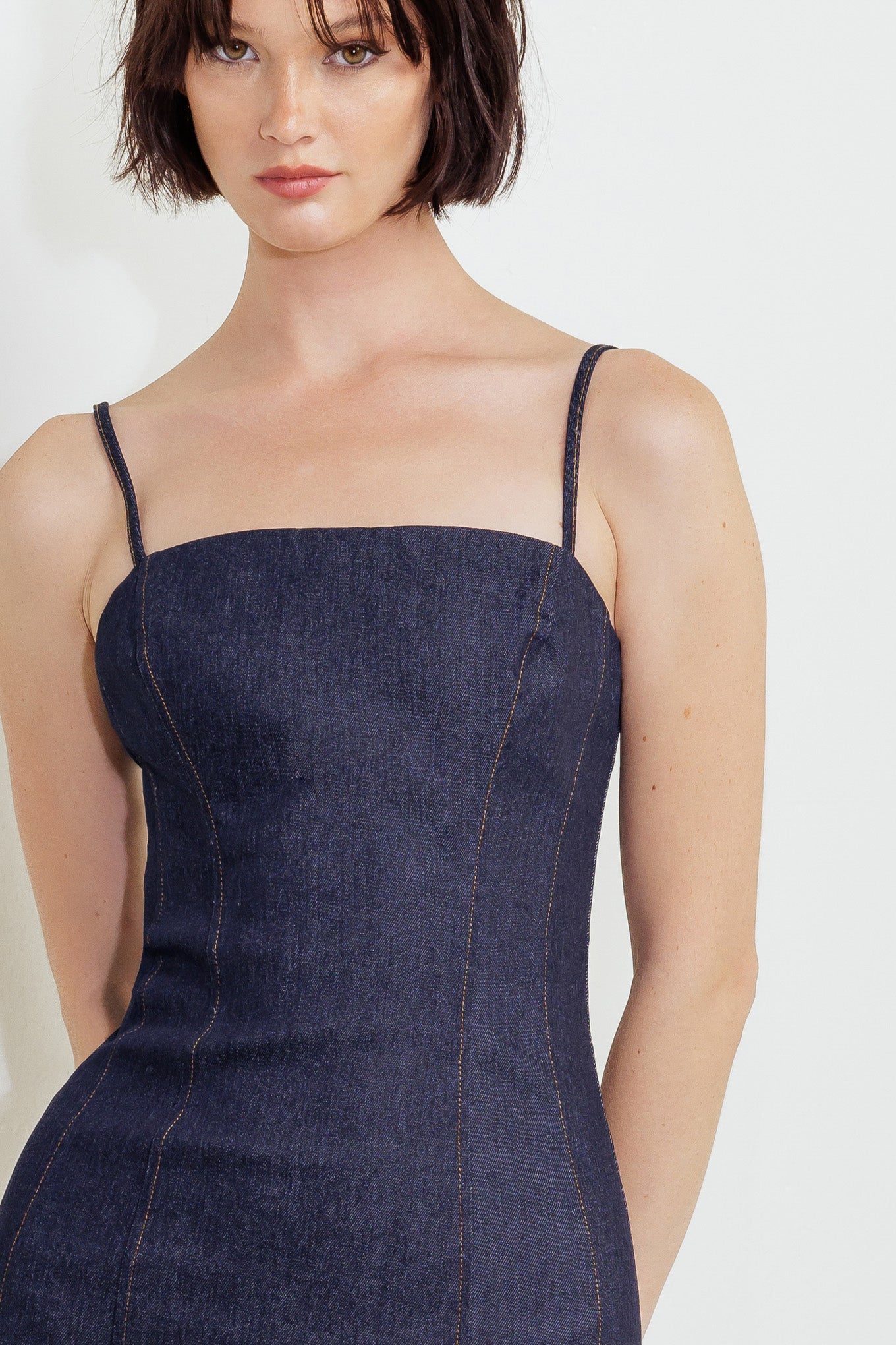 QUIET CURVE DARK DENIM MIDI DRESS The Tania Collection QUIET CURVE DARK DENIM MIDI DRESS The Tania Collection