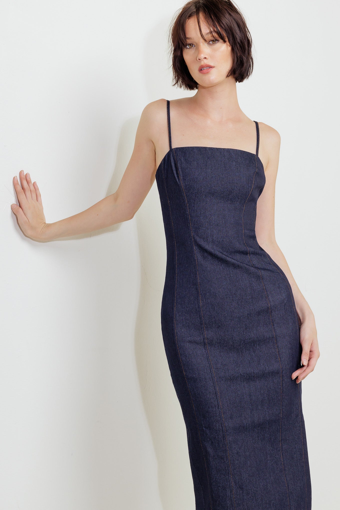 Quiet Curve Dark Denim Midi Dress – The Tania Collection