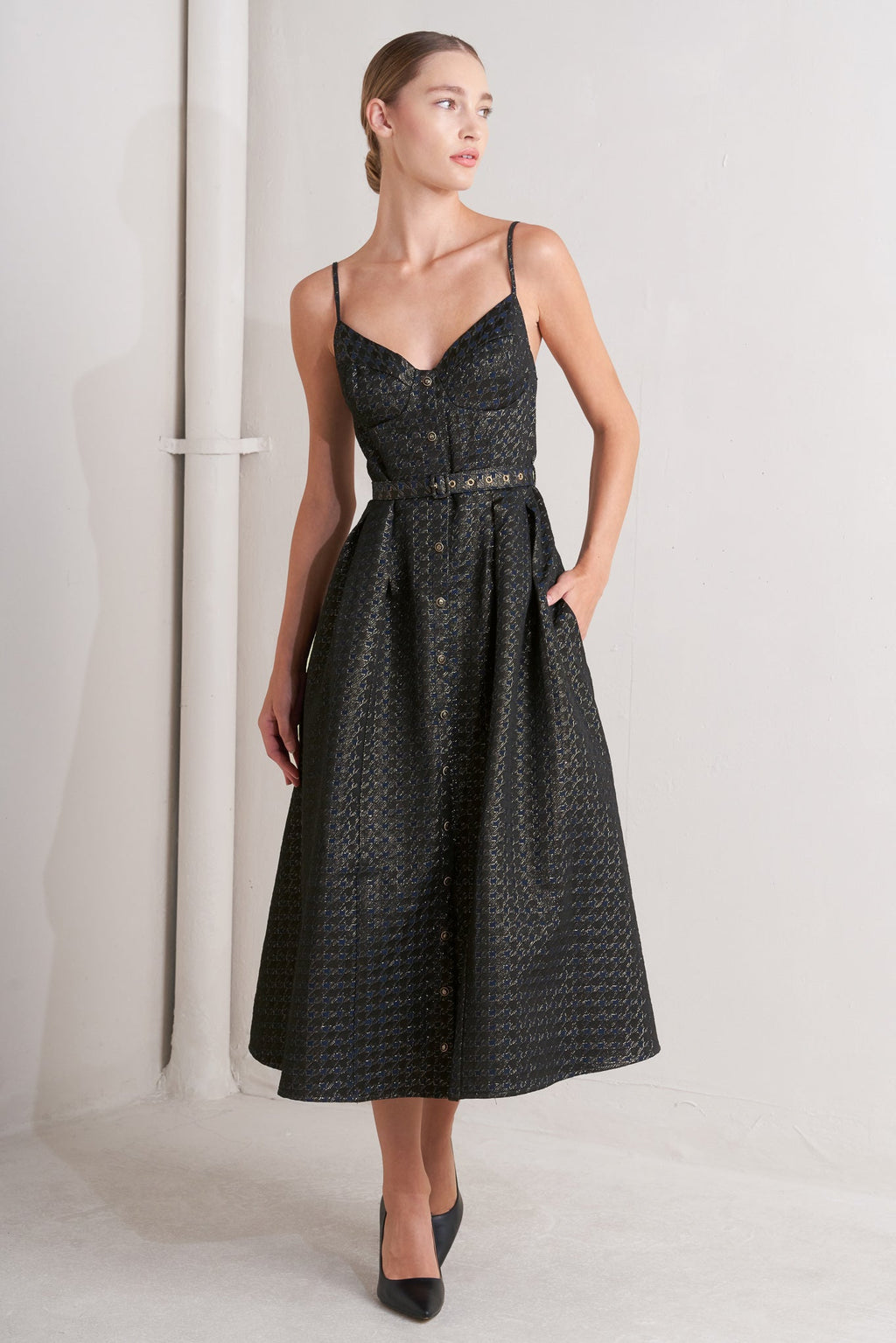 NOIR TAPESTRY WOVEN MIDI DRESS