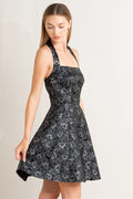 Mystic Hour woven jacquard mini dress in black with silver metallic threading - front view