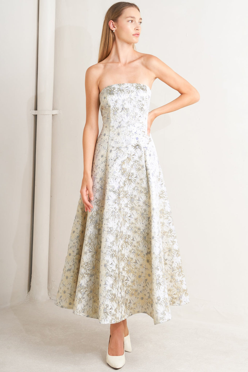 PASTEL BLOOM WOVEN JACQUARD MIDI DRESS