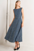 Classic bouclé tweed midi dress with self belt, circle skirt & back zipper.