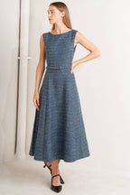 Classic bouclé tweed midi dress with self belt, circle skirt & back zipper.