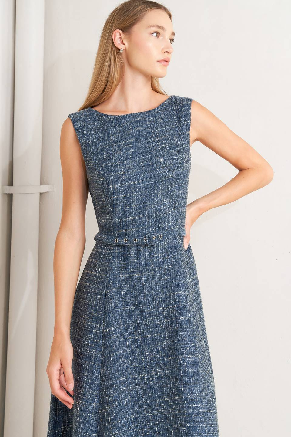 Classic bouclé tweed midi dress with self belt, circle skirt & back zipper.