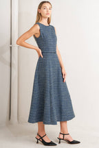 Classic bouclé tweed midi dress with self belt, circle skirt & back zipper.