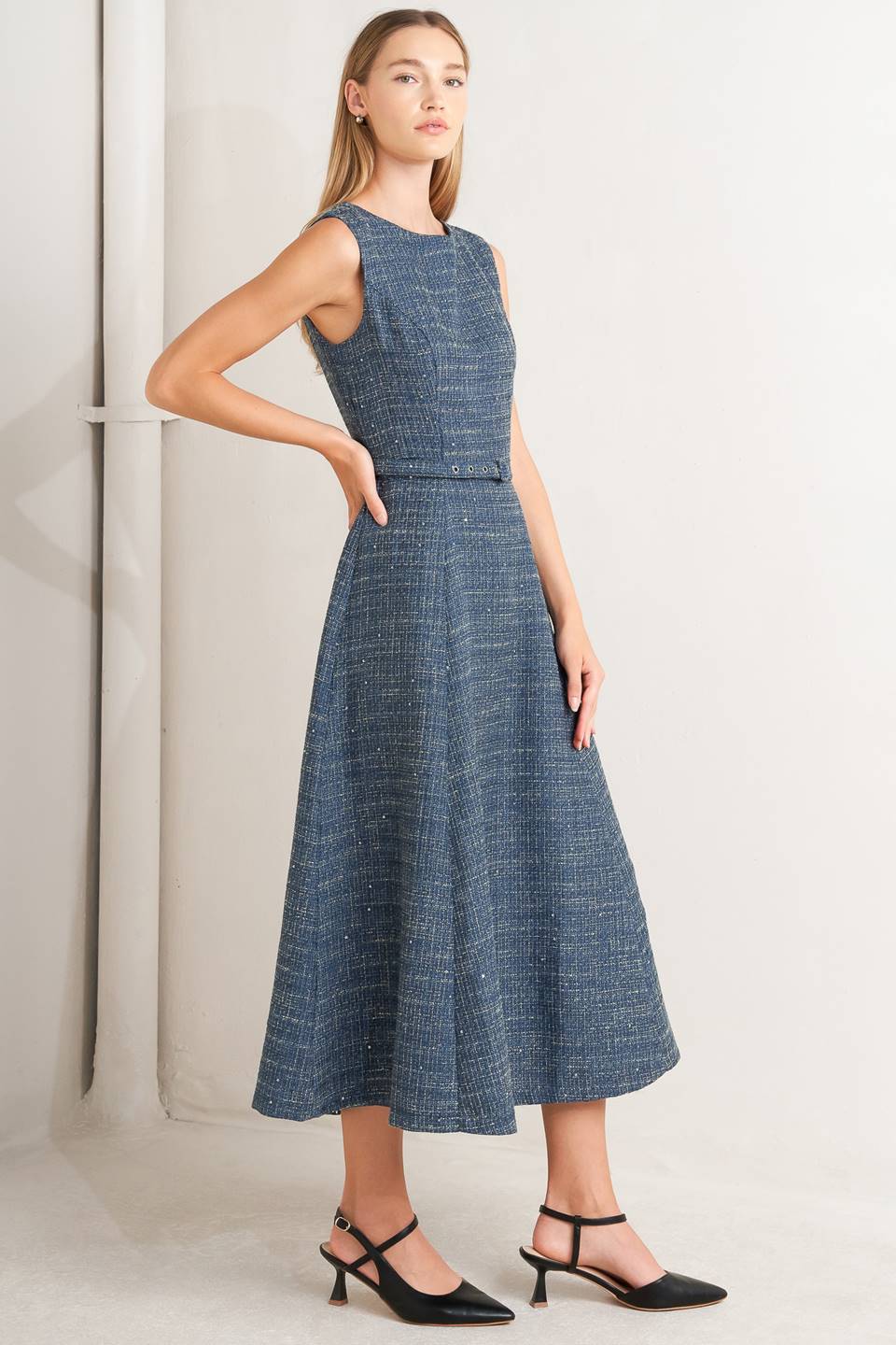 VINTAGE VIBE BOUCLÉ WOVEN TWEED MIDI DRESS
