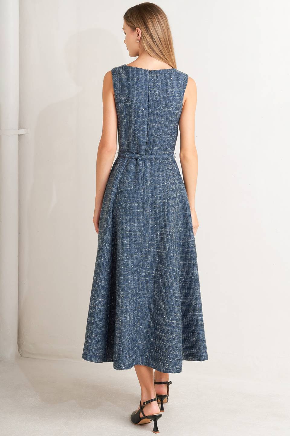 Classic bouclé tweed midi dress with self belt, circle skirt & back zipper.