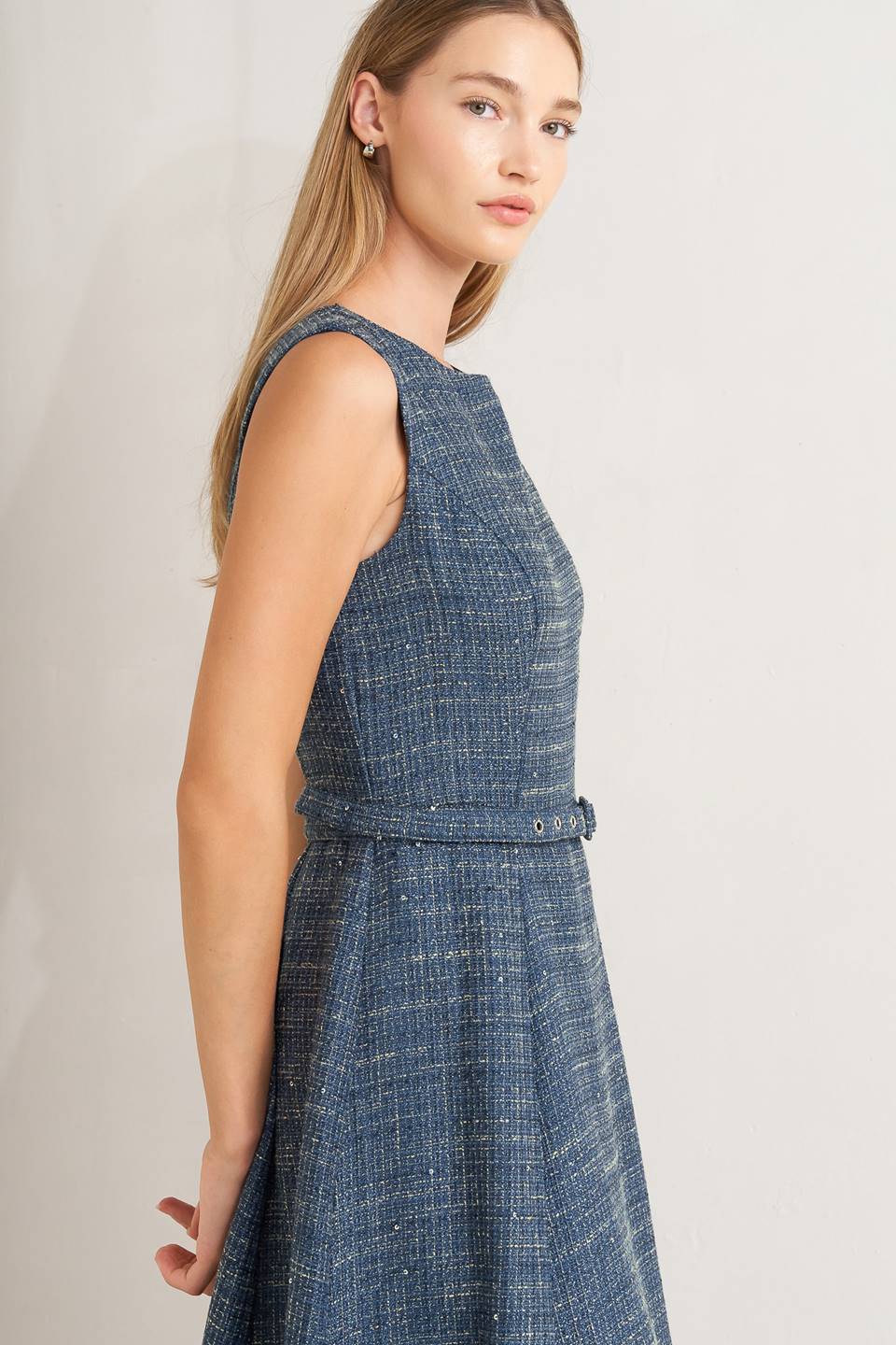 Classic bouclé tweed midi dress with self belt, circle skirt & back zipper.