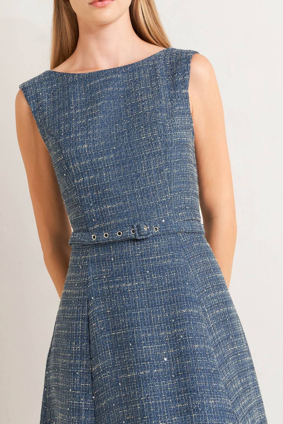 Classic bouclé tweed midi dress with self belt, circle skirt & back zipper.