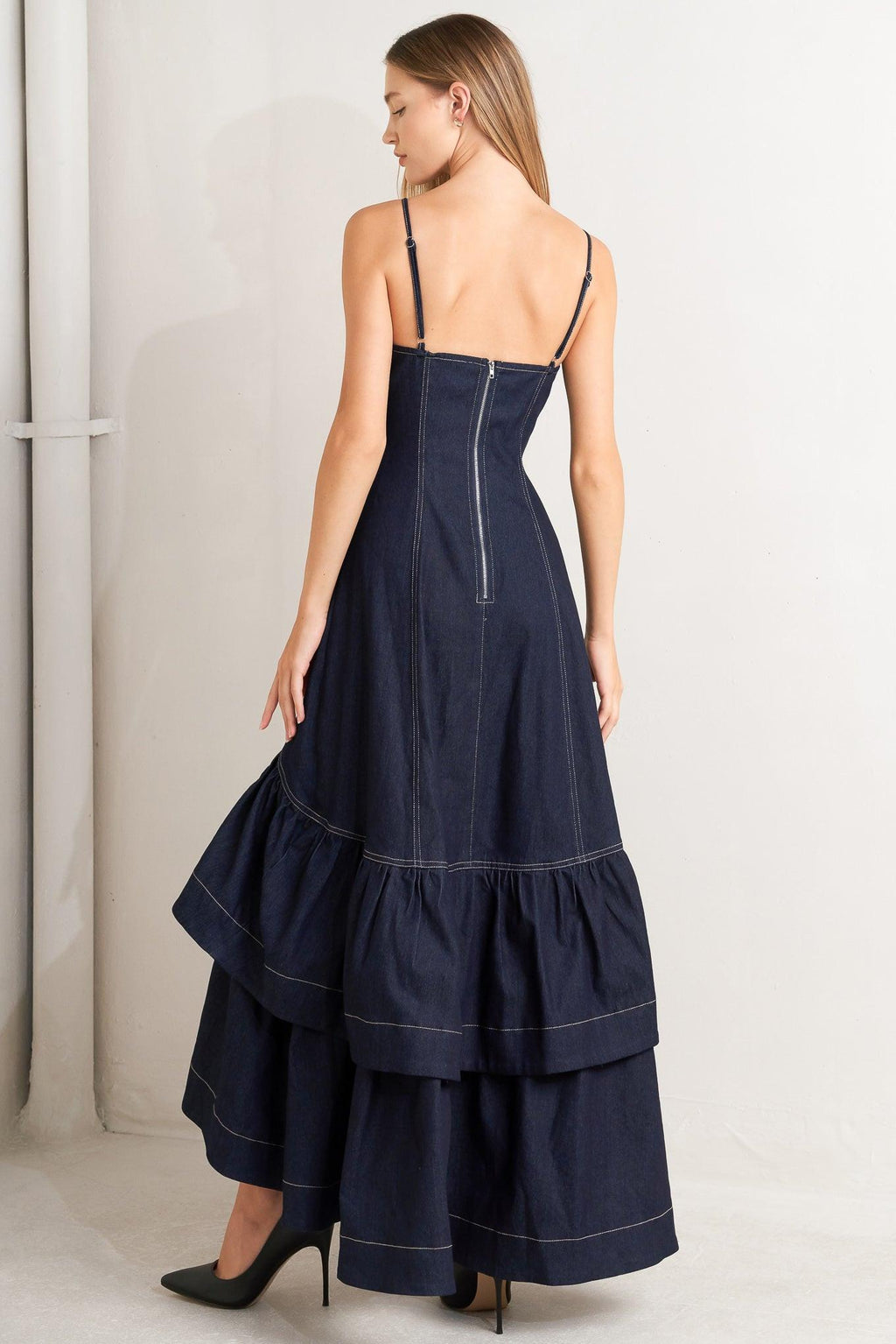 Raw Elegance Denim Midi Dress