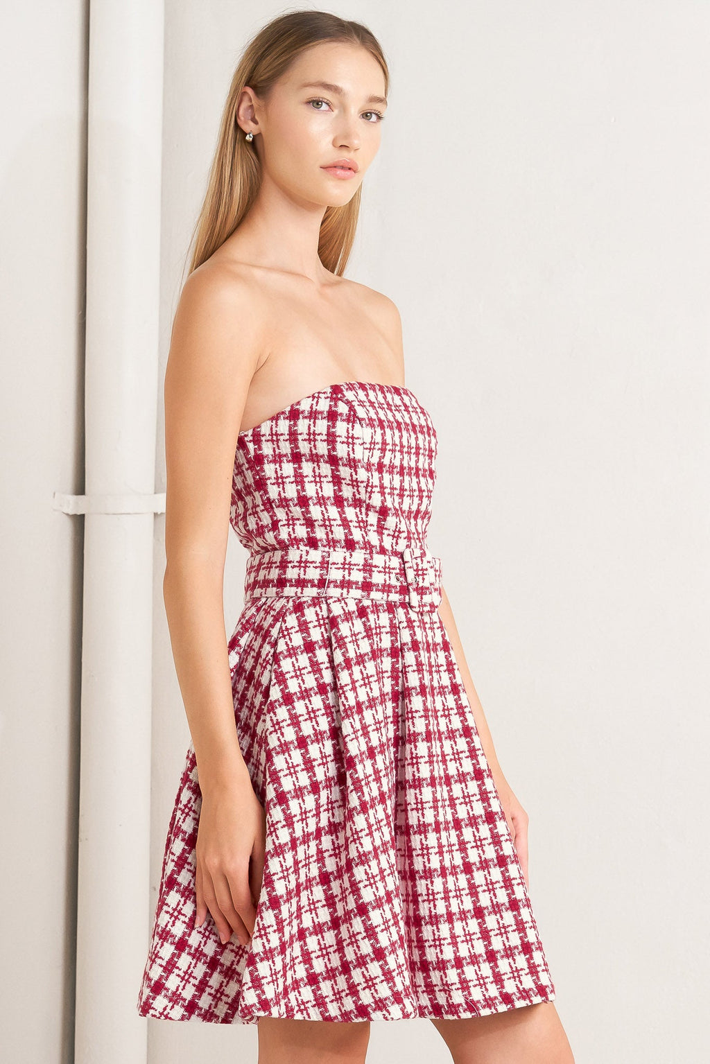 CHERRY CHECK TWEED MINI DRESS