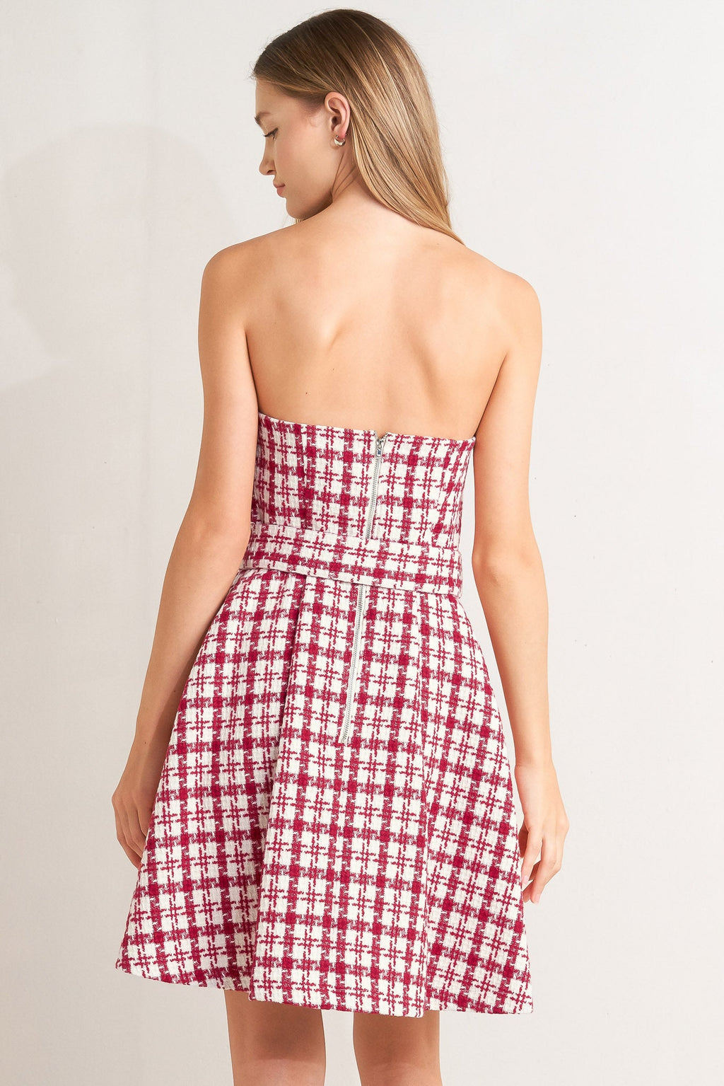 CHERRY CHECK TWEED MINI DRESS