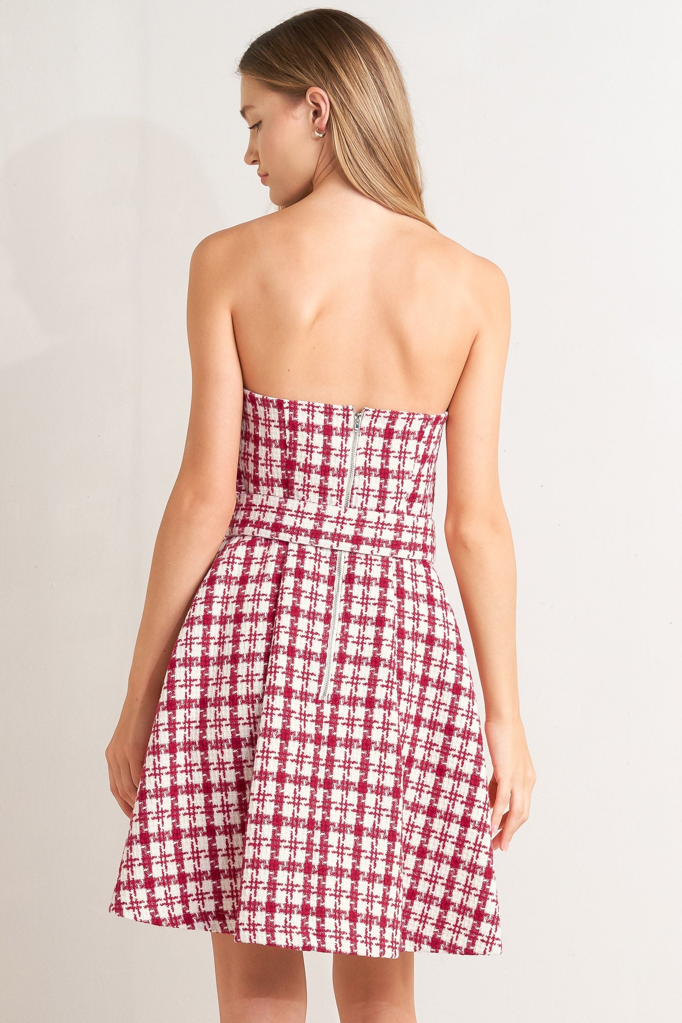 CHERRY CHECK TWEED MINI DRESS