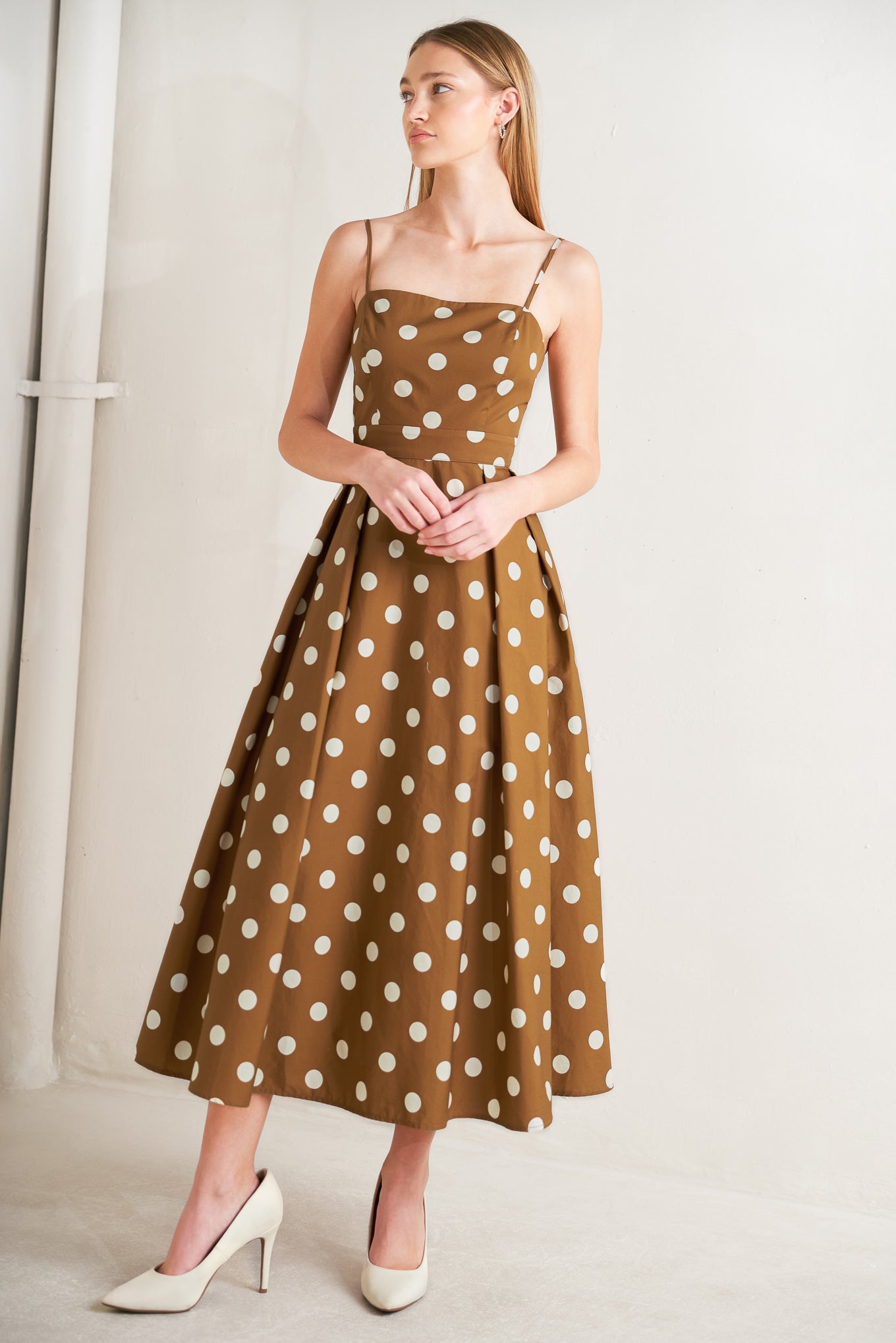 ESPRESSO DOT DREAM WOVEN MIDI DRESS