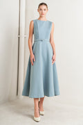 Solid soft blue midi dress with round neck, pintuck front & self-belt. Circle skirt, sleeveless.
