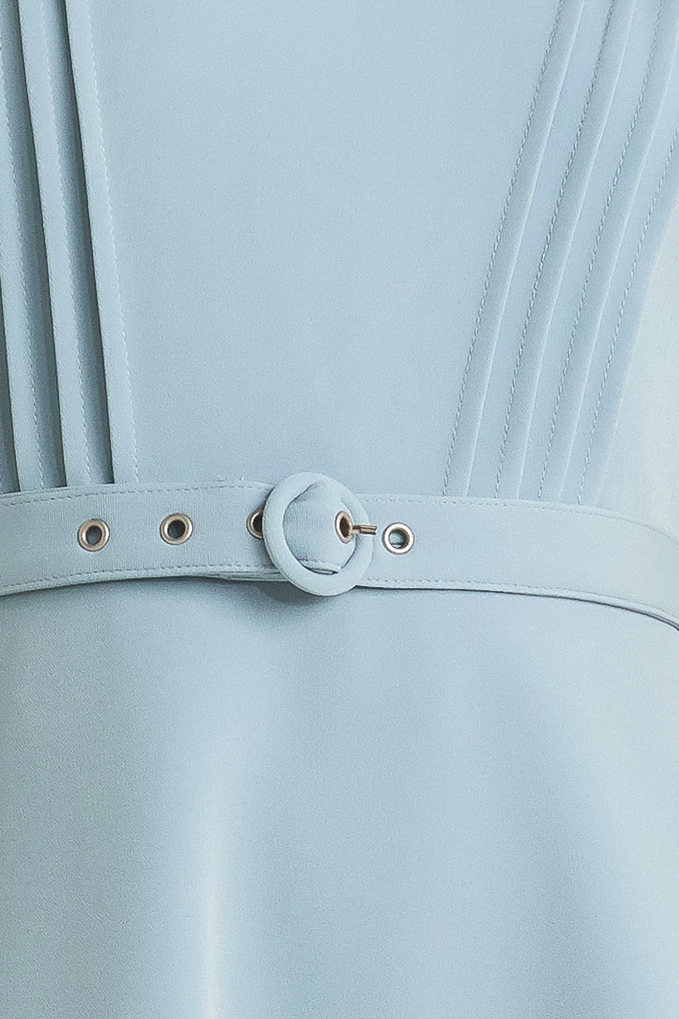 Solid soft blue midi dress with round neck, pintuck front & self-belt. Circle skirt, sleeveless.