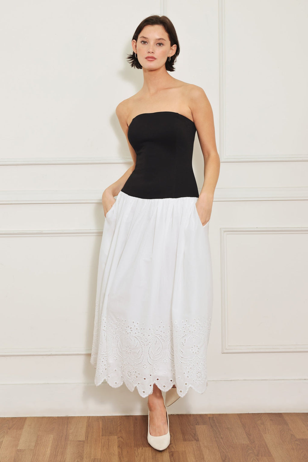 SOFT SPOKEN BEAUTY KNIT WOVEN MIDI DRESS