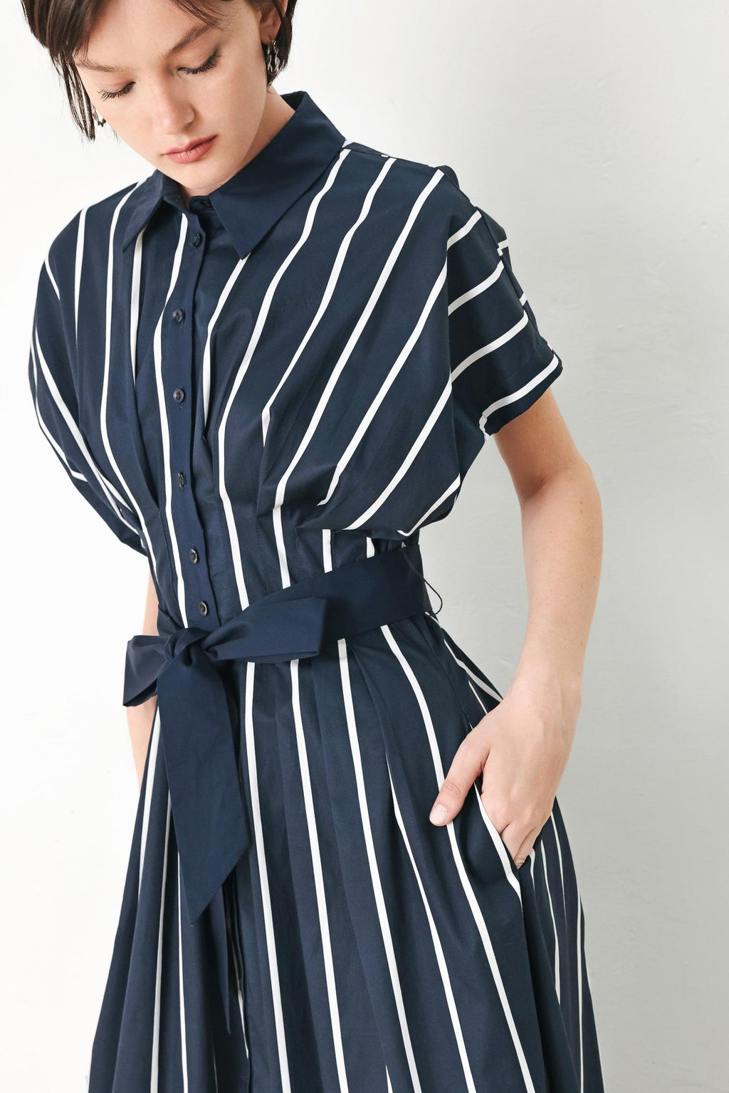 PINSTRIPE STORY WOVEN MIDI DRESS