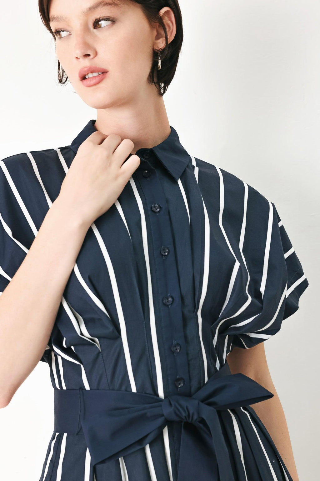 PINSTRIPE STORY WOVEN MIDI DRESS