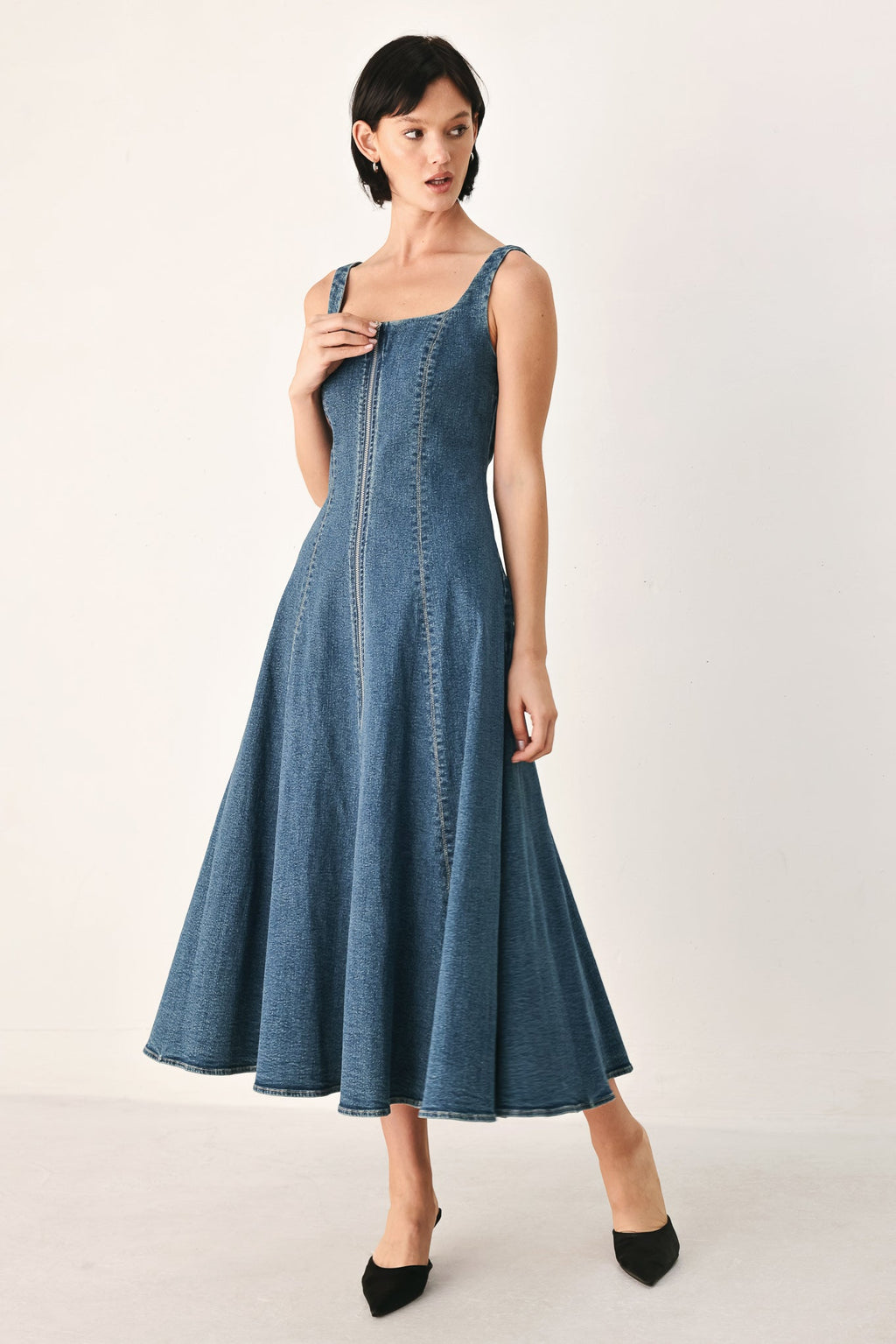 Blue Horizon Zip-Front Denim Midi Dress