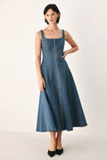 Blue Horizon Zip-Front Denim Midi Dress