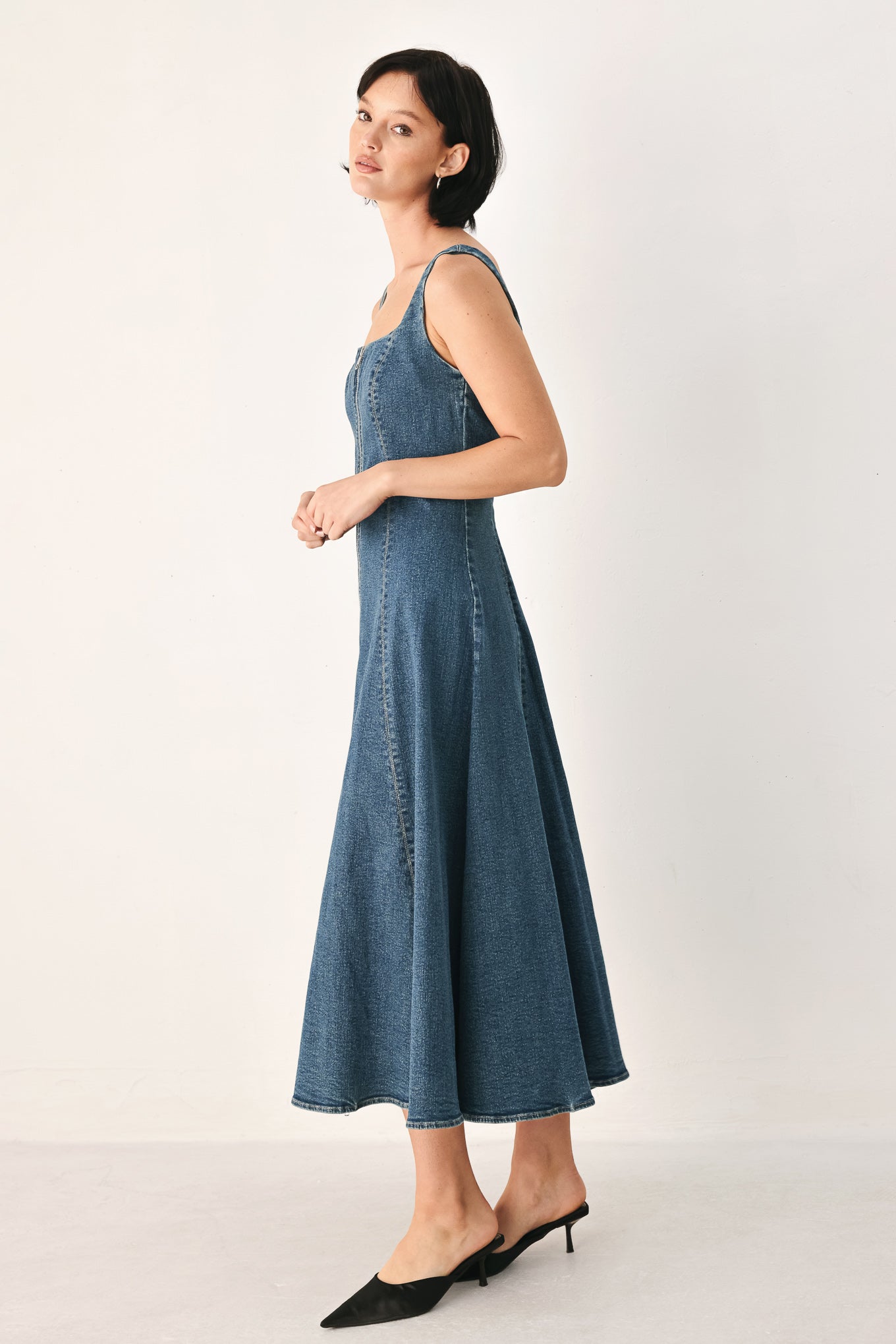 Blue Horizon Zip-Front Denim Midi Dress