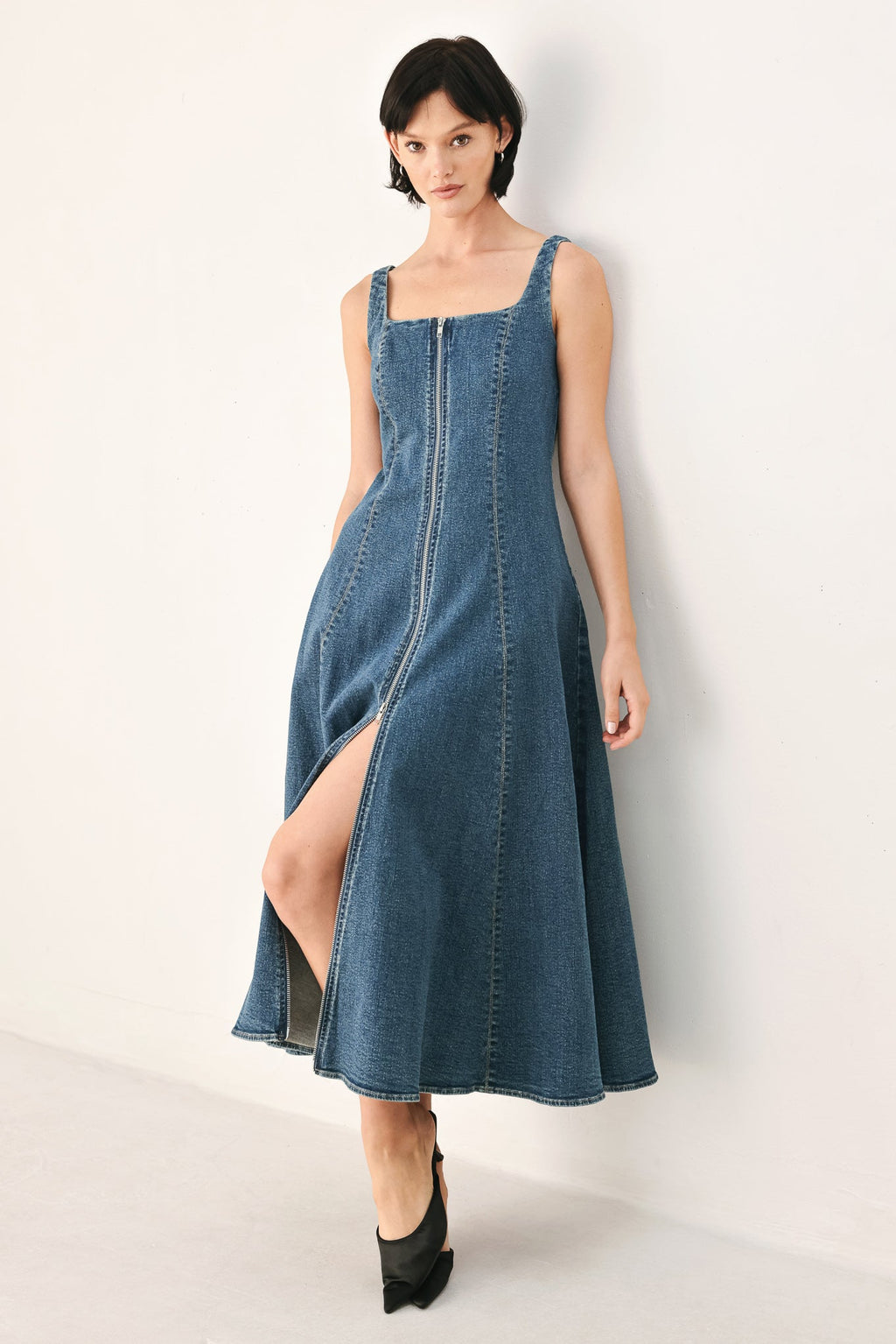 Blue Horizon Zip-Front Denim Midi Dress