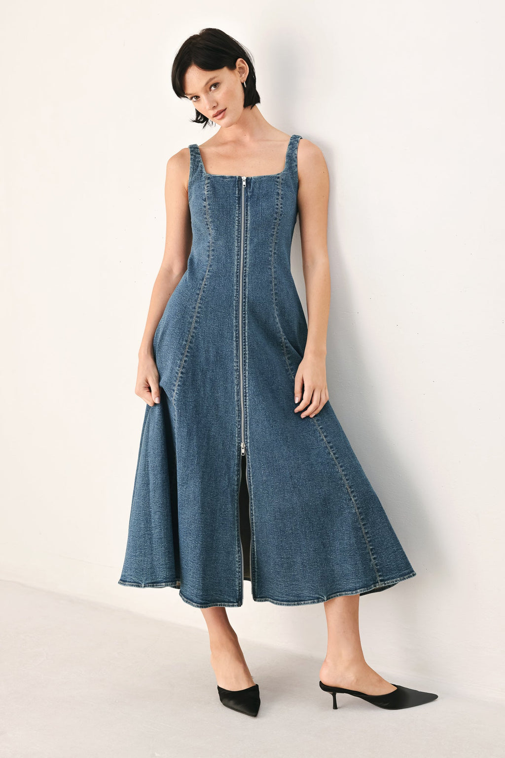 Blue Horizon Zip-Front Denim Midi Dress