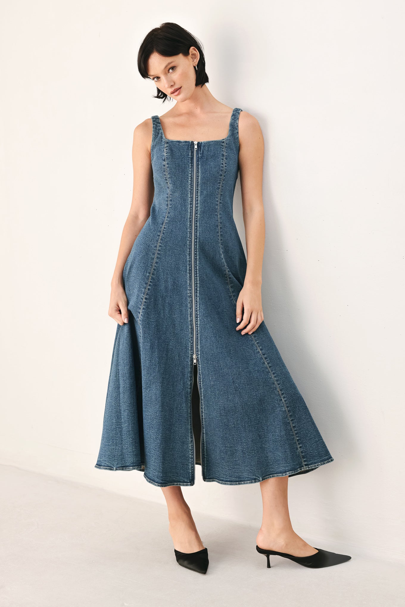 Blue Horizon Zip-Front Denim Midi Dress