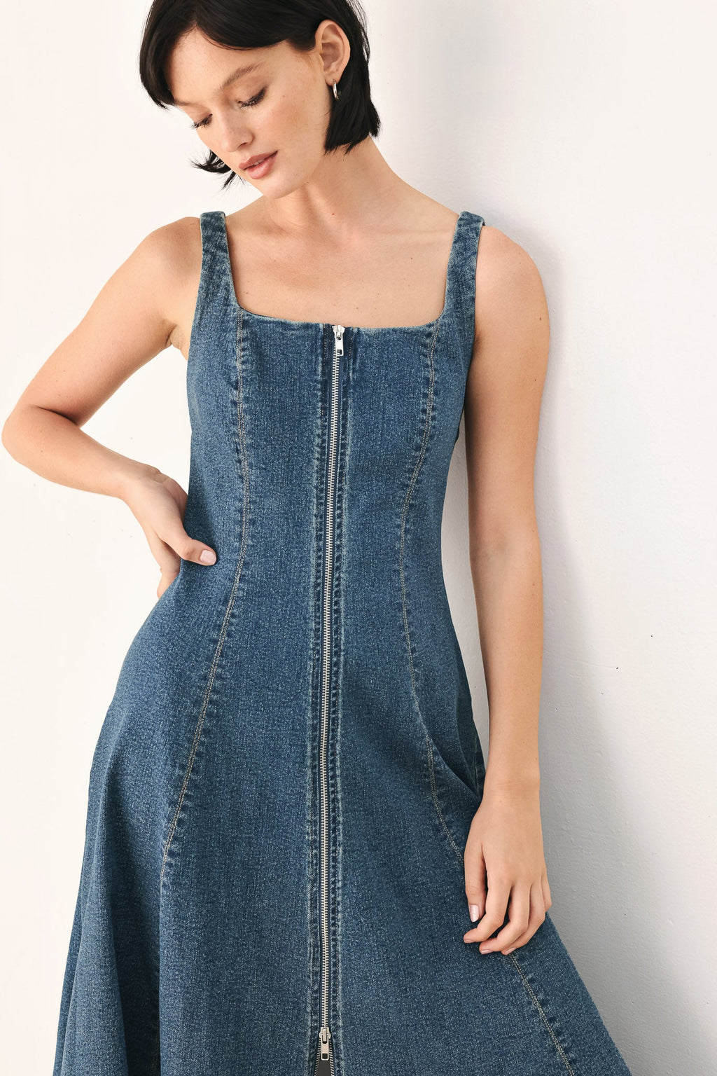 Blue Horizon Zip-Front Denim Midi Dress