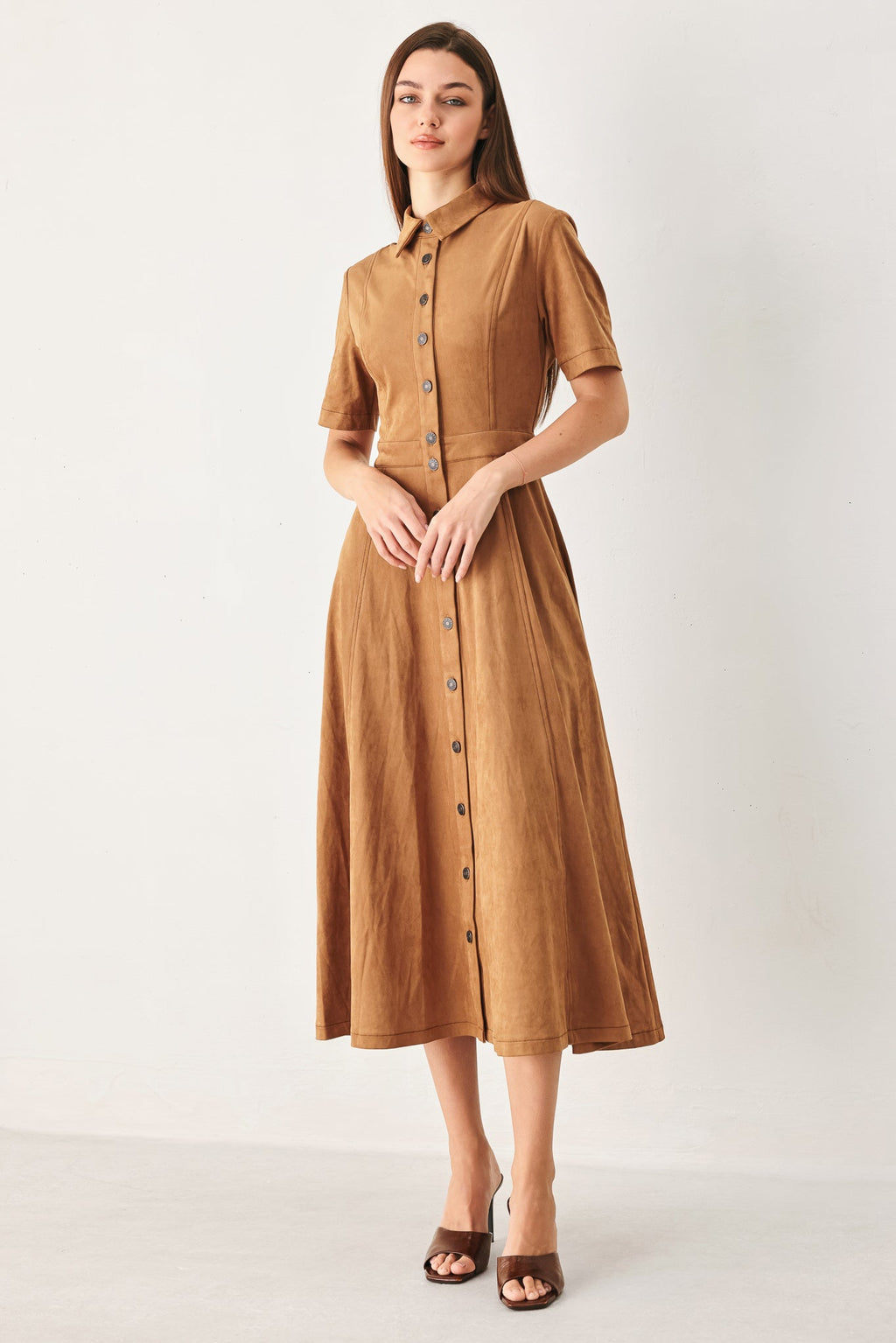 Darling Came Faux Suede Midi Shirt Dress