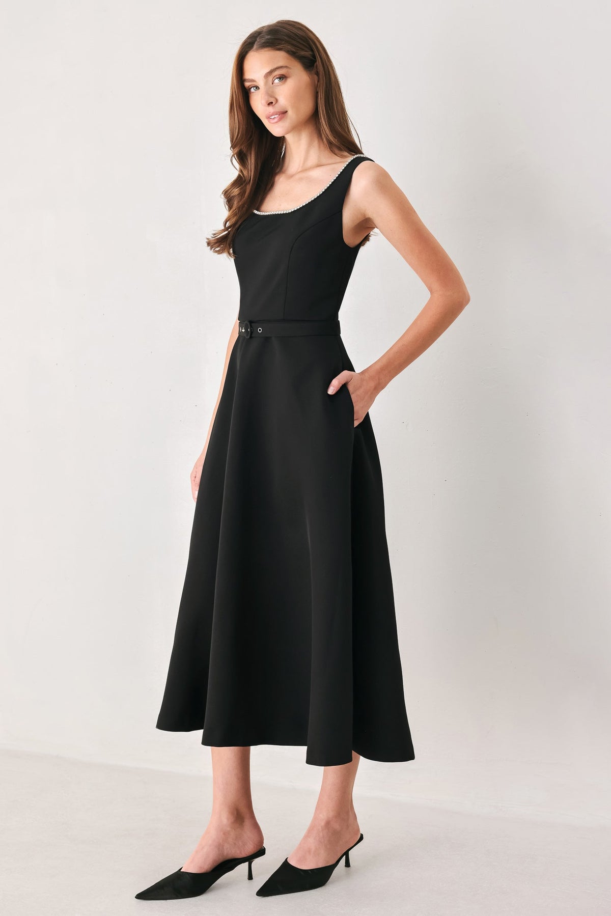 Jeweled Noir Black Embellished Belted Midi Dress
