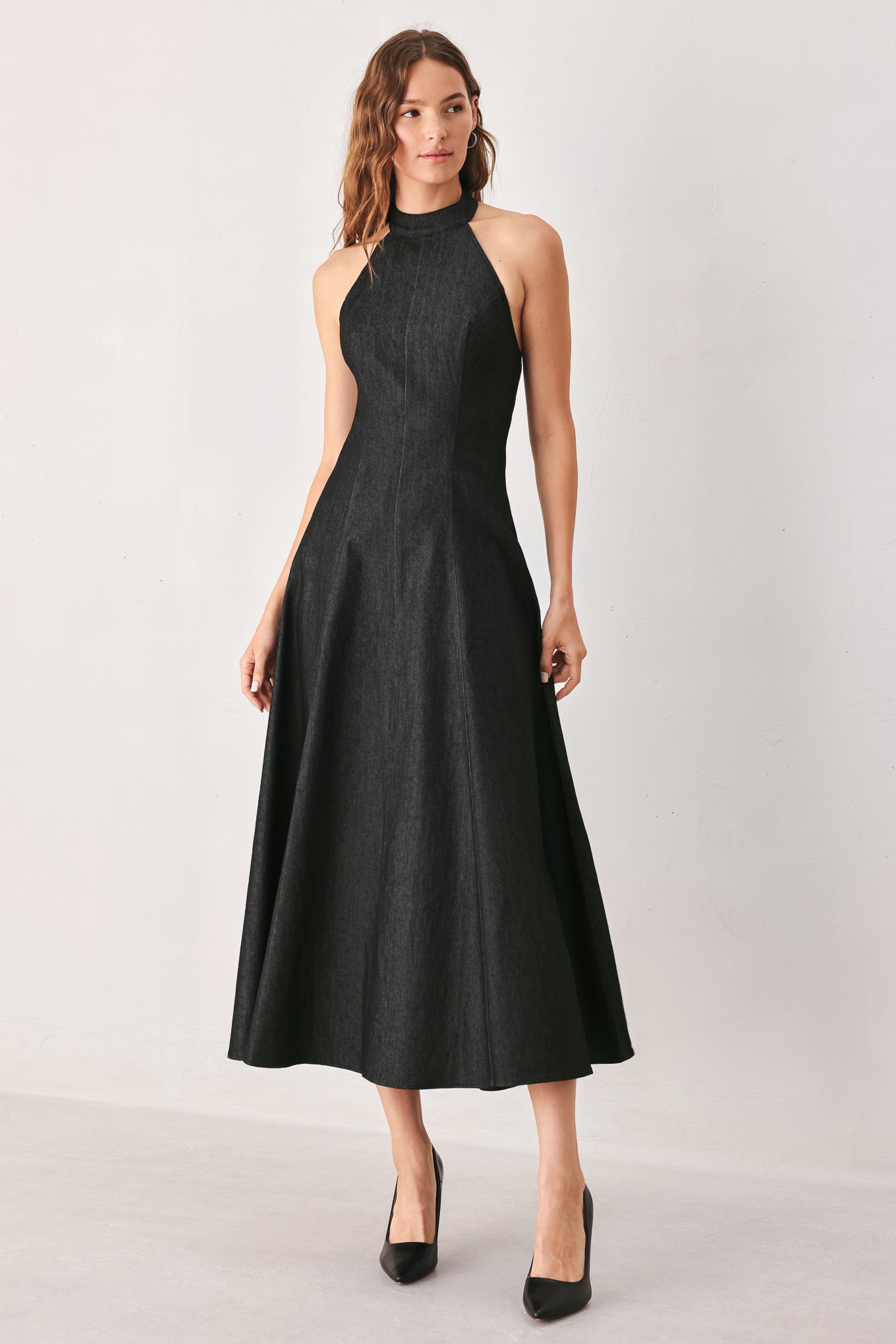 After Dark Halter Denim Midi Dress