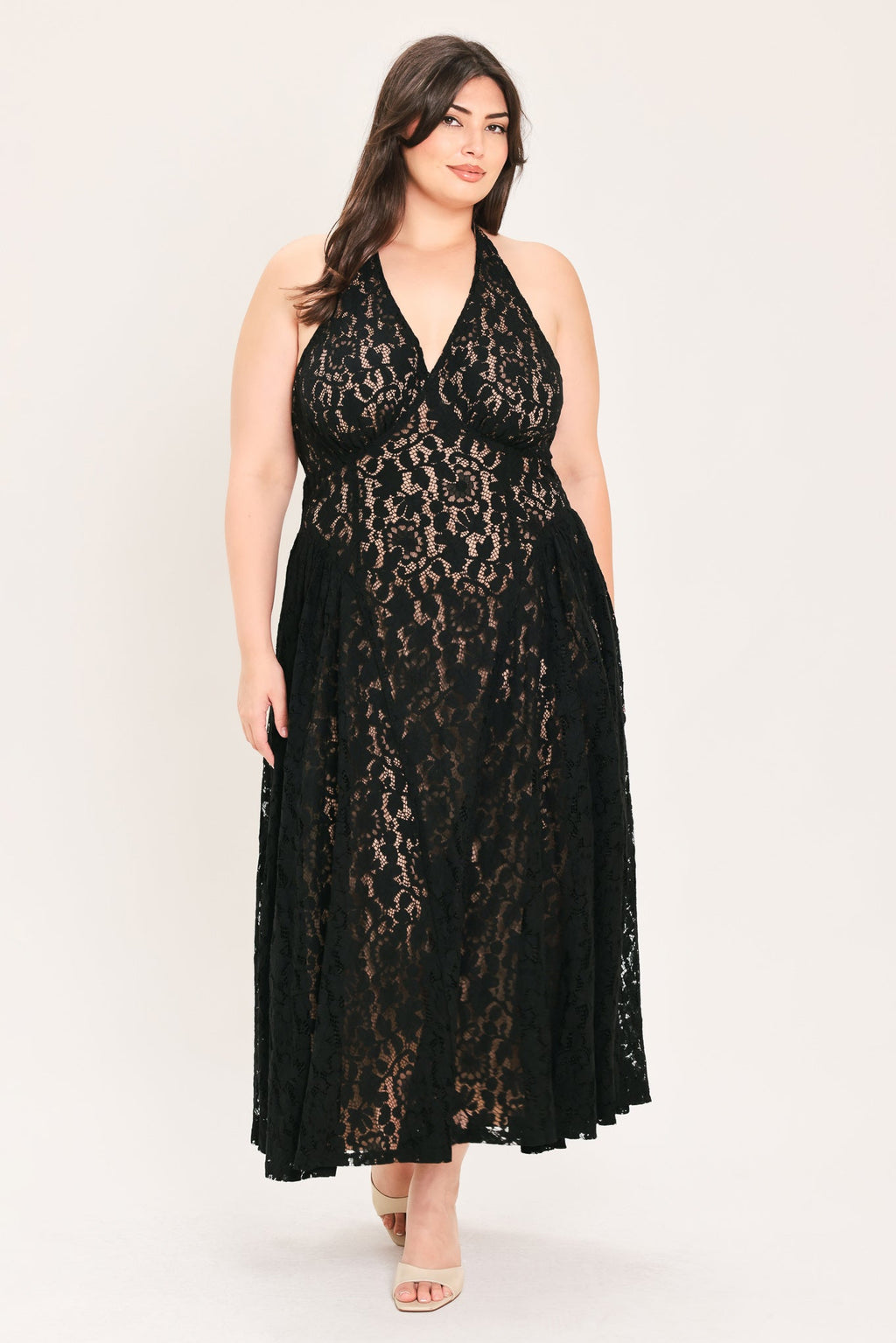 Midnight Garden Halter Lace Midi Dress