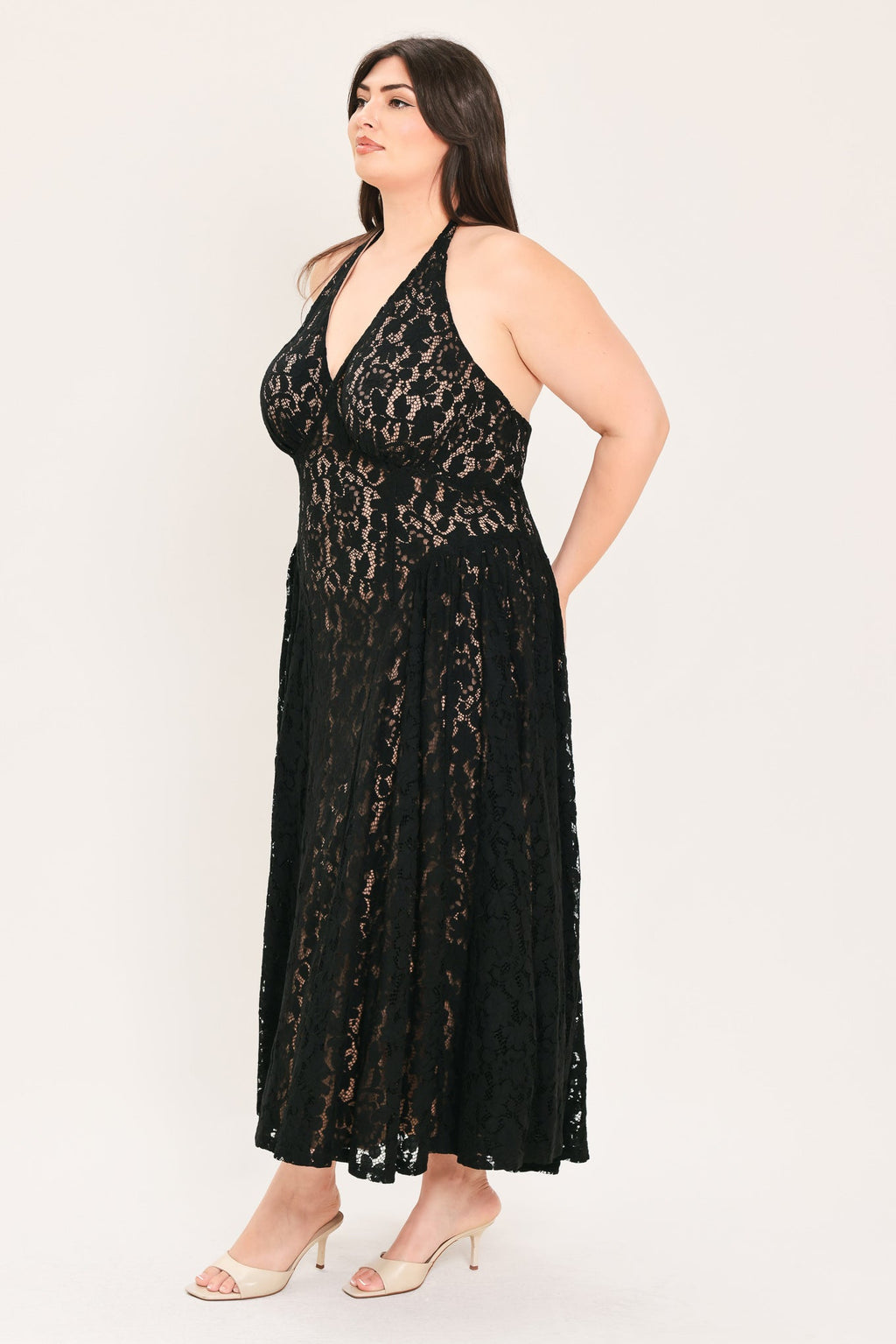 Midnight Garden Halter Lace Midi Dress