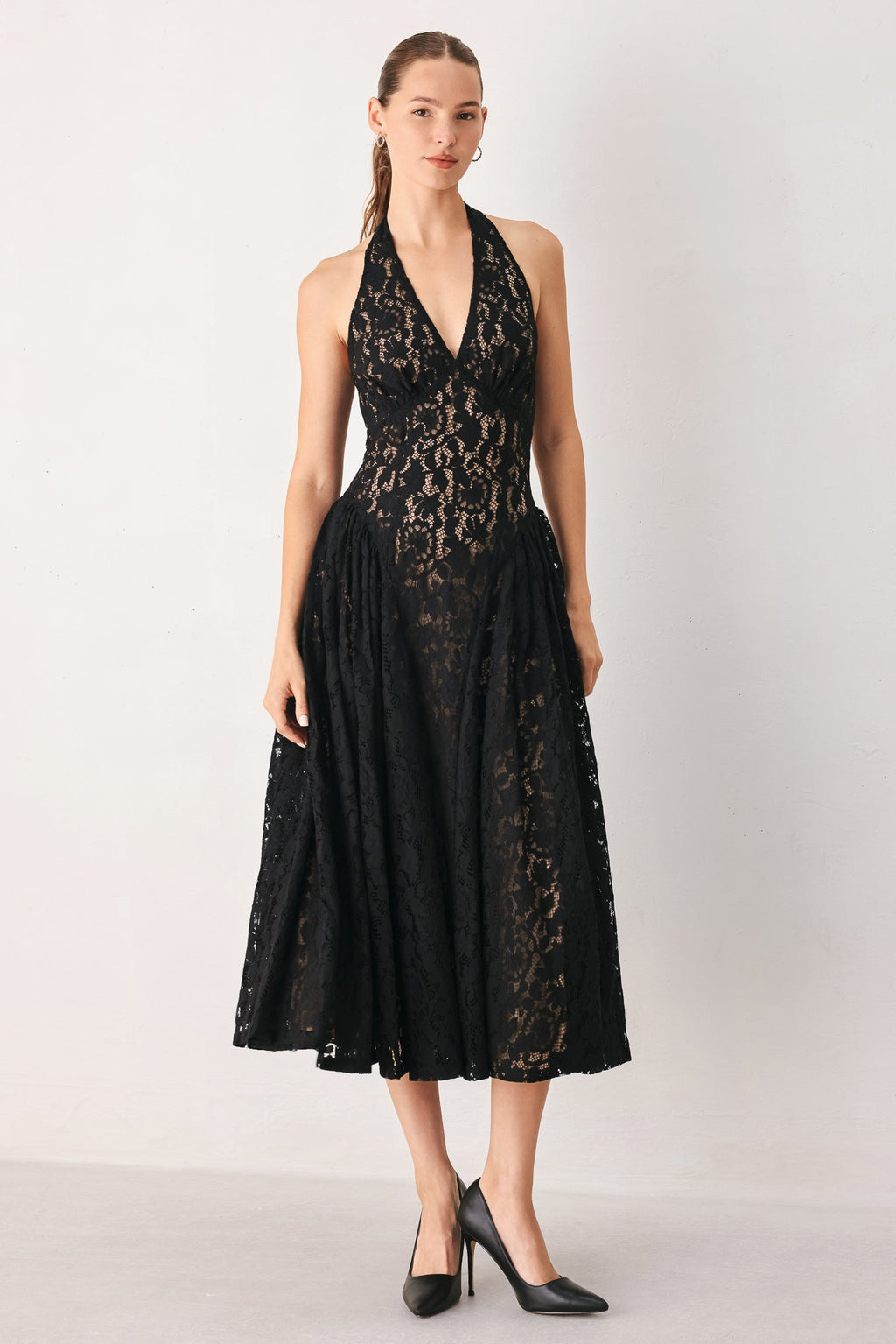 Midnight Garden Halter Lace Midi Dress