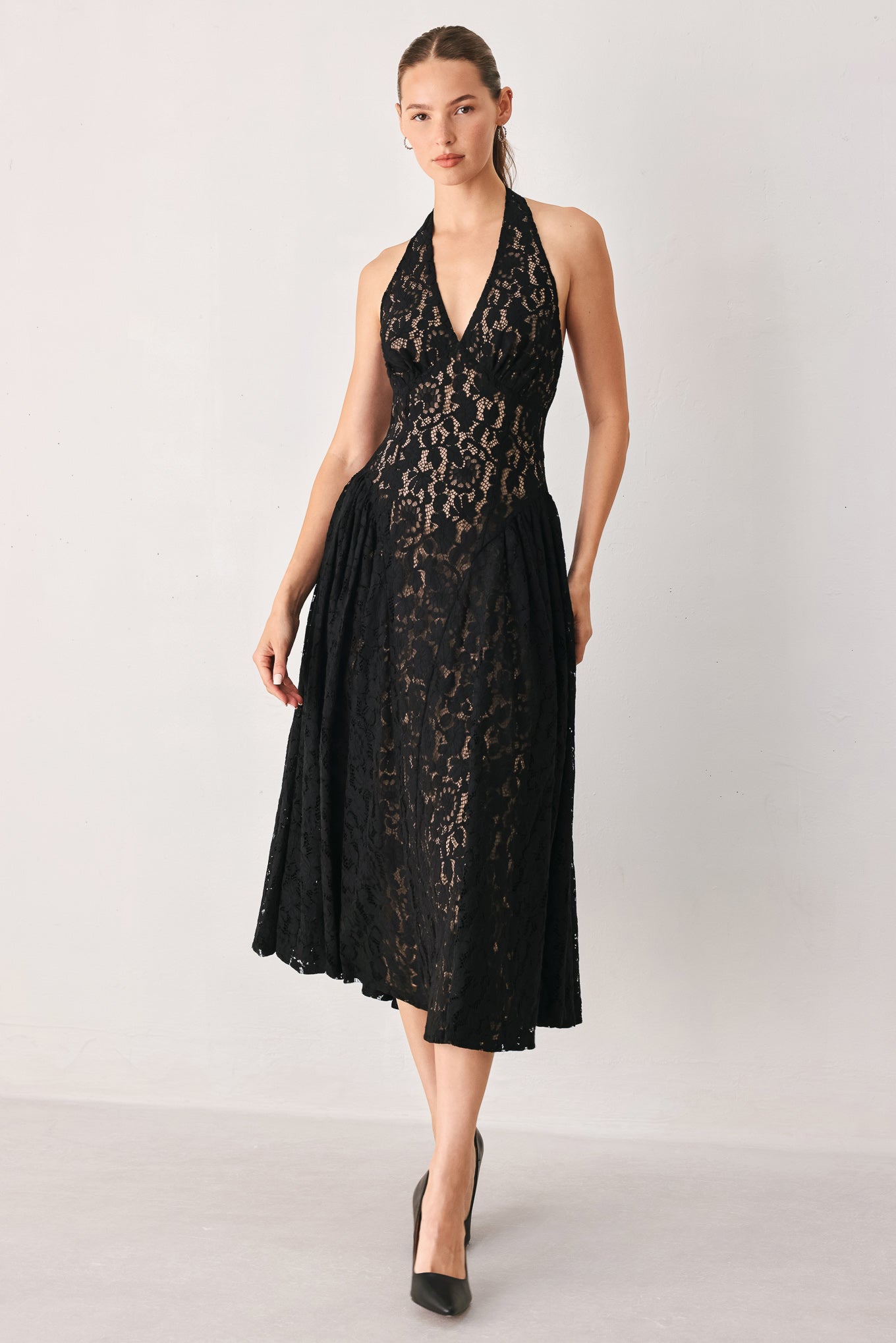 Midnight Garden Halter Lace Midi Dress