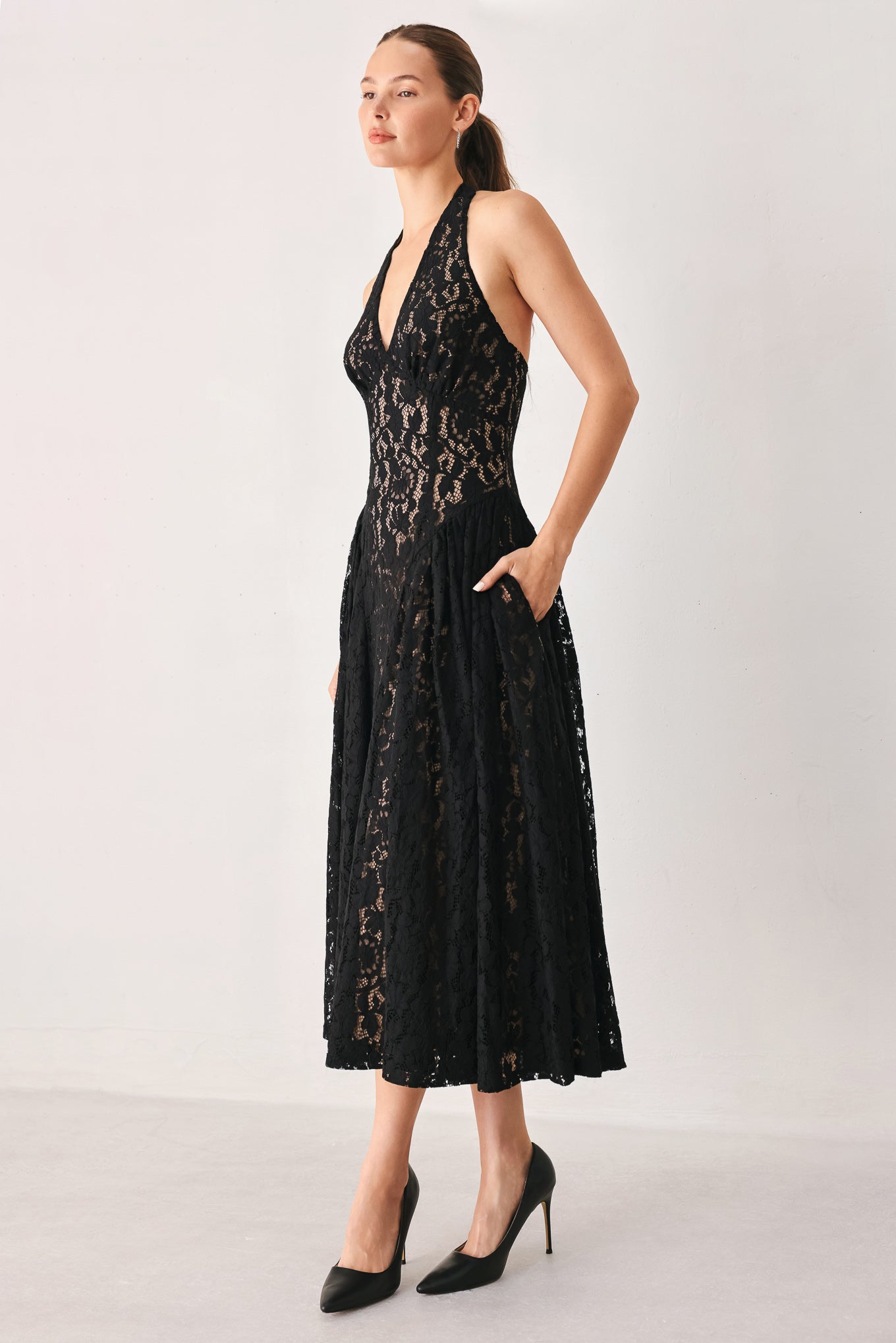 Midnight Garden Halter Lace Midi Dress