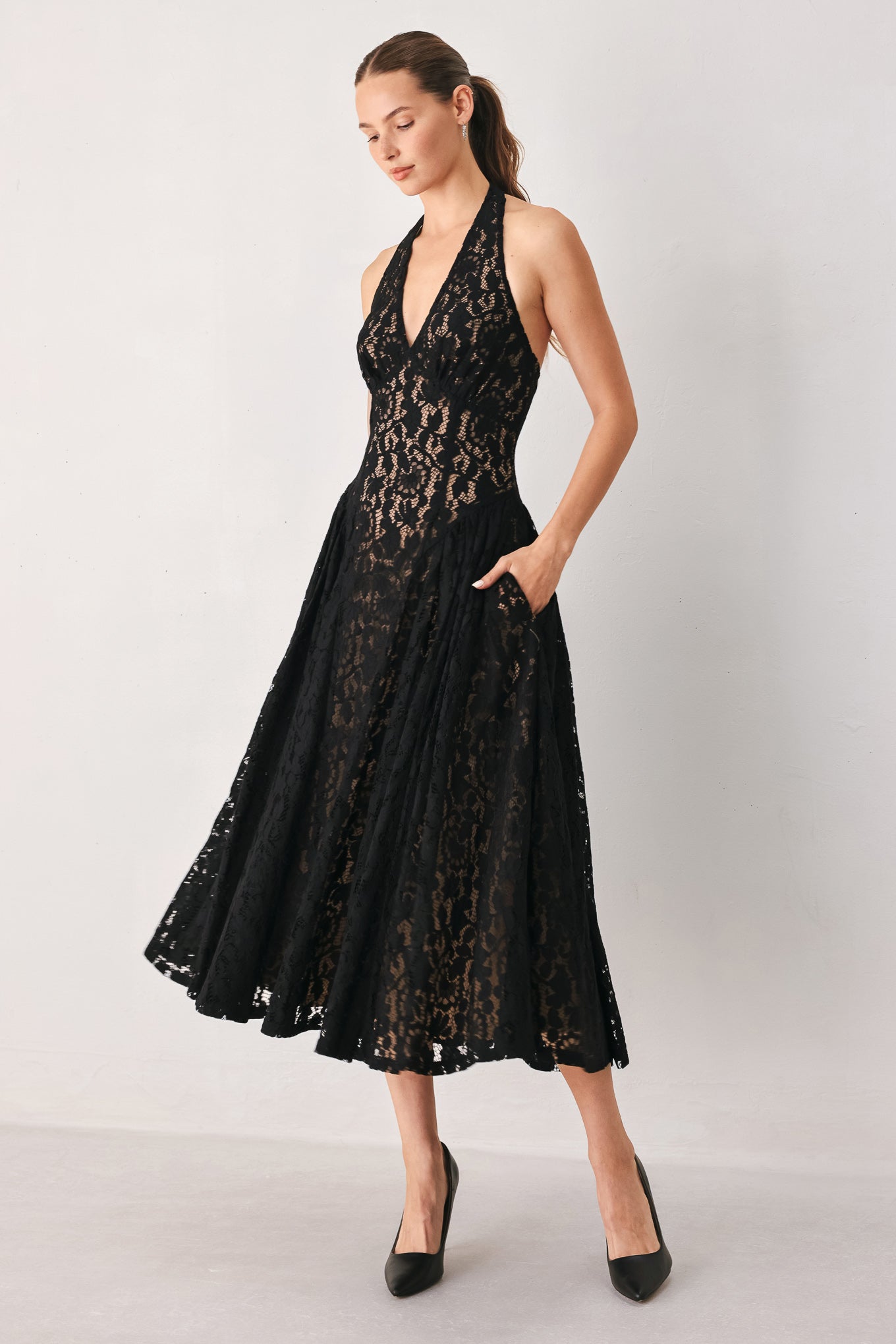 Midnight Garden Halter Lace Midi Dress