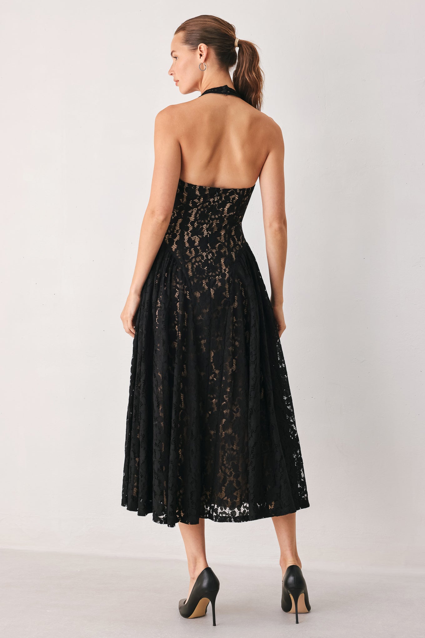 Midnight Garden Halter Lace Midi Dress