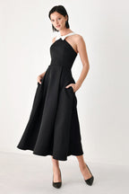 Black Tie Affair Halter Midi Dress