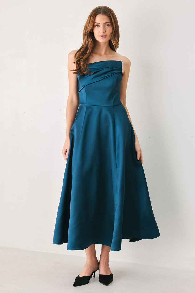 Teal Tempo Asymmetrical Strapless Midi Dress