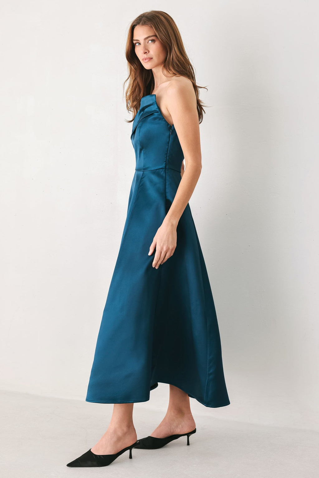 Teal Tempo Asymmetrical Strapless Midi Dress