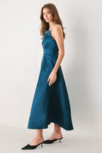 Teal Tempo Asymmetrical Strapless Midi Dress