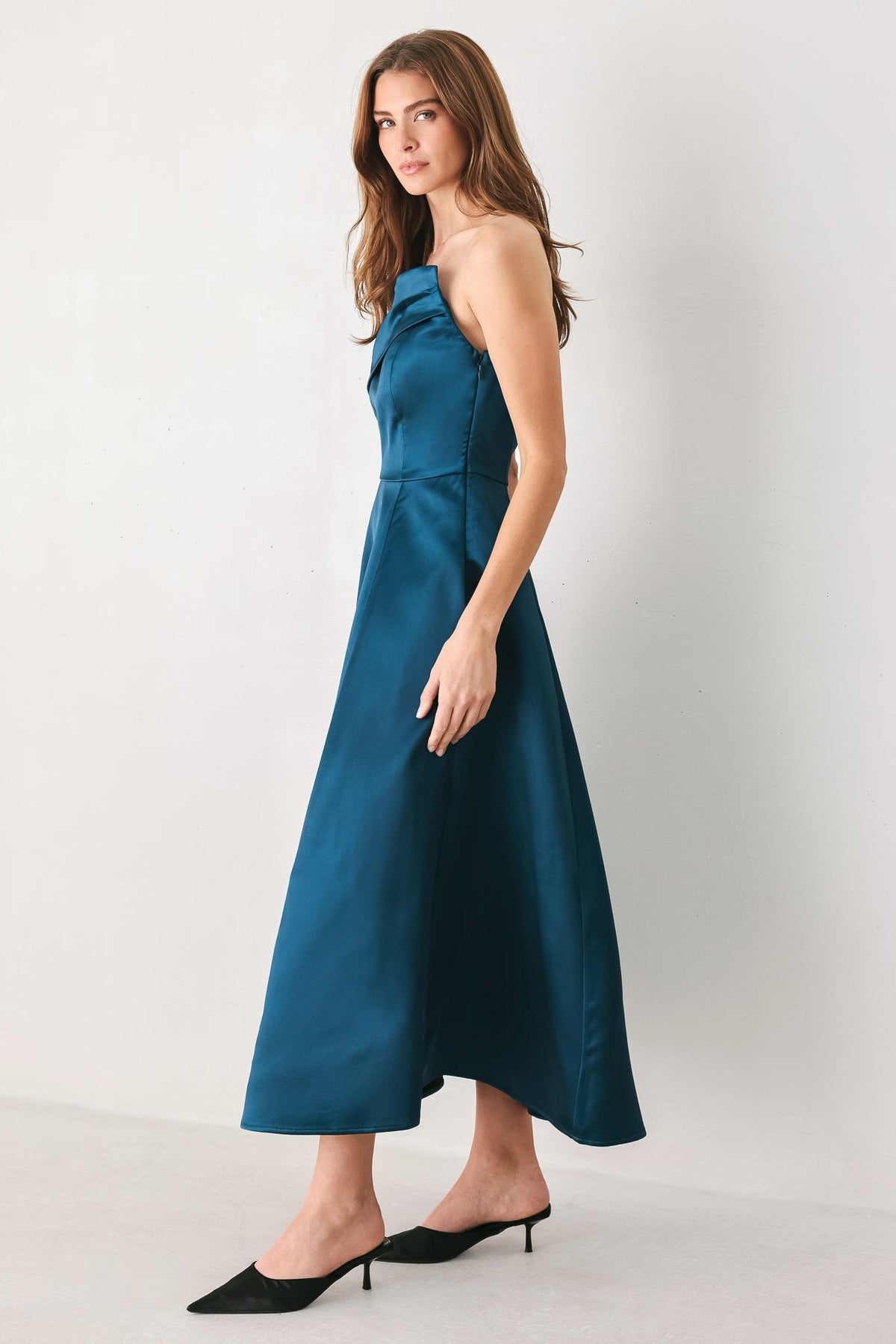 Teal Tempo Asymmetrical Strapless Midi Dress