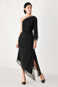 After Hours Lace Trim Asymmetric Midi Dress