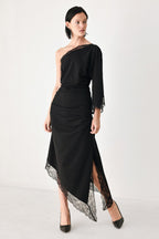 After Hours Lace Trim Asymmetric Midi Dress