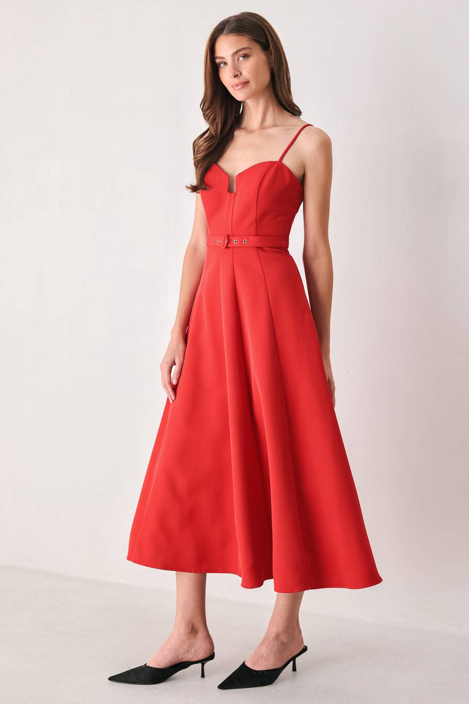Scarlet Promise Sweetheart Belted Midi Dress